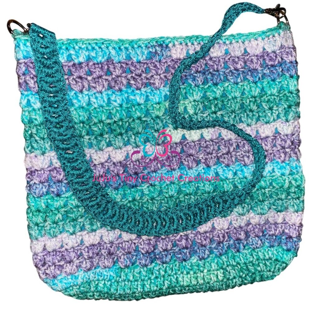 Handmade Crocheted Handbag Shoulder Bag Purple Teal Blue Stripes Mermaid Purse